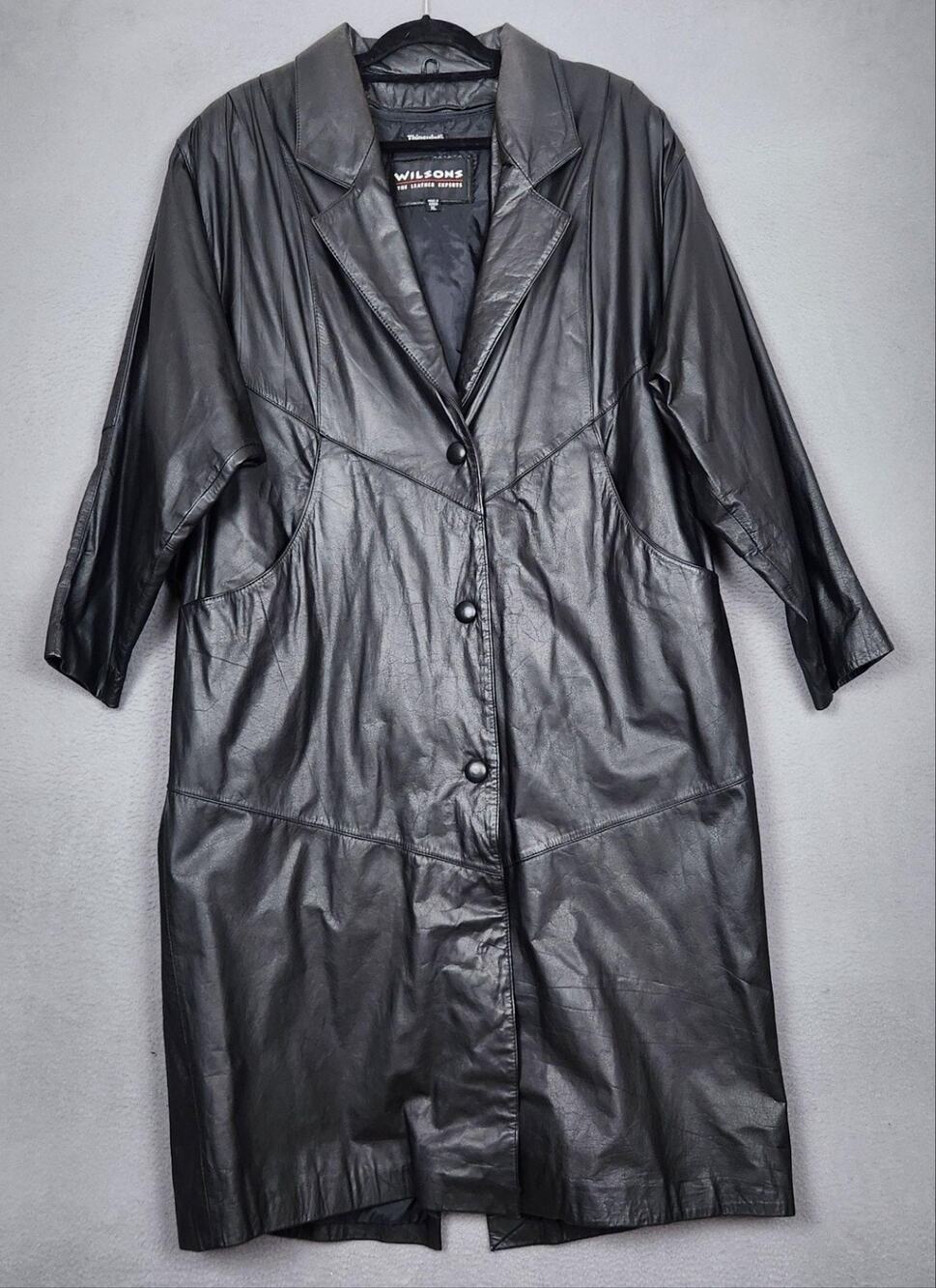 Wilsons Leather Coat Womens XL Black Thinsulate Long Button Overcoat Korea